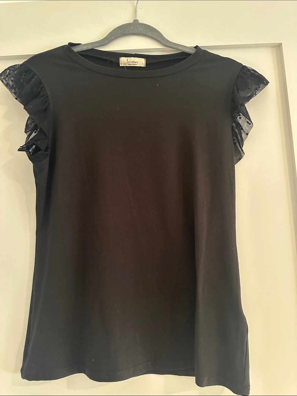 La Vie En Rose Black Short Sleeve Tee with Sheer Ruffle Sleeves